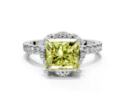 Halo Engagement Ring Setting for Fancy Yellow Princess Cut Center with Openwork Halo, Pave Band and Prong Head in Platinum