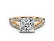 Solitaire Engagement Ring Setting for Princess Cut Center with Pave Split Shank and Prong Head in Yellow Gold