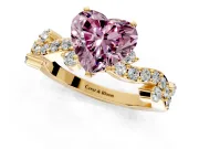 Solitaire Engagement Ring Setting for Fancy Pink Heart-Shaped Center with Bar-Station Pave Twist and Prong Head in Yellow Gold