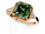 Cluster Engagement Ring Setting for Fancy Green Asscher Cut Center with Milgrain Shoulder Clusters and Prong Head in Rose Gold