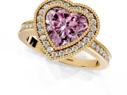 Halo Engagement Ring Setting for Fancy Pink Heart-Shaped Center with Milgrain Halo, Pave Band and Prong Head in Yellow Gold
