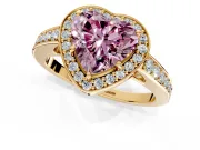 Bezel-Framed Halo Engagement Ring Setting for Fancy Pink Heart-Shaped Center with Pave Band and Prong Head in Yellow Gold