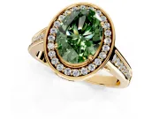 Halo Engagement Ring Setting for Fancy Green Oval Center with Outer Bezel Rim, Pave Band and Prong Head in Yellow Gold