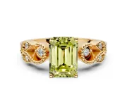 Leaf Engagement Ring Setting for Fancy Yellow Emerald Cut Center with Milgrain Accent Band and Prong Head in Yellow Gold