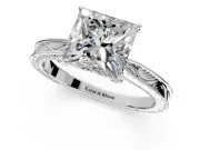 Solitaire Engagement Ring Setting for Princess Cut Center with Engraved Milgrain Band and Prong Head in Platinum