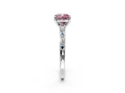Baguette Engagement Ring Setting for Fancy Pink Cushion Cut Center with Alternating Bar-Set Band and Prong Head in White Gold