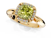 Halo Engagement Ring Setting for Fancy Yellow Cushion Cut Center with Tapered Plain Band and Prong Head in Yellow Gold