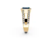 Halo Engagement Ring Setting for Fancy Blue Emerald Cut Center with Wide-Open Pave Split Shank and Prong Head in Yellow Gold