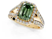 Halo Engagement Ring Setting for Fancy Green Emerald Cut Center with Narrow Pave Split Shank and Prong Head in Yellow Gold