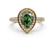 Milgrain Halo Engagement Ring Setting for Fancy Green Pear-Shaped Center with Three-Sided Pave Band and Prong Head in Yellow Gold