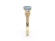 3 Stone Engagement Ring Setting for Fancy Blue Asscher Cut Center with Crossover Basket, Pave Band and Prong Head in Yellow Gold