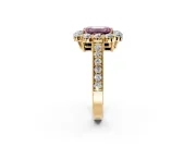 Halo Engagement Ring Setting for Fancy Pink Emerald Cut Center with Milgrain Channel Band and Prong Head in Yellow Gold