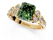 Cluster Engagement Ring Setting for Fancy Green Radiant Cut Center with Bezel Accent Clusters and Prong Head in Yellow Gold