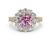 Halo Engagement Ring Setting for Fancy Pink Round Cut Center with Milgrain Channel Band and Prong Head in Yellow Gold