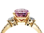 3 Stone Engagement Ring Setting for Fancy Pink Radiant Cut Center with Round Cut Side Accents and Prong Head in Yellow Gold