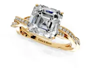 Solitaire Engagement Ring Setting for Asscher Cut Center with Twisted Pave Band and Prong Head in Yellow Gold