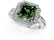 Halo Engagement Ring Setting for Fancy Green Asscher Cut Center with Framed Halo, Pave Band and Prong Head in Platinum