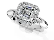 Halo Engagement Ring Setting for Asscher Cut Center with Tapered Plain Band and Prong Head in Platinum