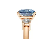 3 Stone Engagement Ring Setting for Fancy Blue Radiant Cut Center with Wide Plain Band and Prong Head in Rose Gold