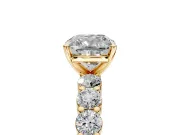 Shared-Prong Engagement Ring Setting for Cushion Cut Center with Graduated Accents and Prong Head in Yellow Gold