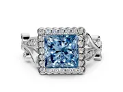 Halo Engagement Ring Setting for Fancy Blue Princess Cut Center with Leaf Motif Split Shank and Prong Head in Platinum