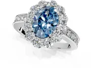 Halo Engagement Ring Setting for Fancy Blue Oval Center with Milgrain Channel Band and Prong Head in Platinum