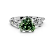 Leaf Motif Engagement Ring Setting for Fancy Green Heart-Shaped Center with Pave Band and Prong Head in Platinum