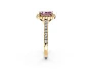 Milgrain Floral Halo Engagement Ring Setting for Fancy Pink Asscher Cut Center with Pave Band and Prong Head in Yellow Gold