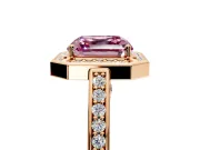 Halo Engagement Ring Setting for Fancy Pink Asscher Cut Center with Framed Halo, Pave Band and Prong Head in Rose Gold