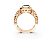 Milgrain Halo Engagement Ring Setting for Fancy Green Asscher Cut Center with Pave Band and Prong Head in Rose Gold