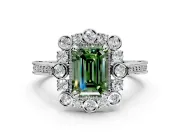 Milgrain Halo Engagement Ring Setting for Fancy Green Emerald Cut Center with Bezel Point Accents and Prong Head in Sterling Silver