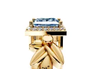 Halo Engagement Ring Setting for Fancy Blue Princess Cut Center with Floral Band and Prong Head in Yellow Gold