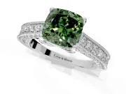 Solitaire Engagement Ring Setting for Fancy Green Cushion Cut Center with Milgrain-Framed Pave Band and Prong Head in Platinum