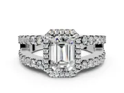Halo Engagement Ring Setting for Emerald Cut Center with Wide-Open Pave Split Shank and Prong Head in Sterling Silver