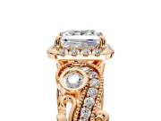 Bypass Halo Engagement Ring Setting for Princess Cut Center with Bezel Accents, Milgrain and Prong Head in Rose Gold