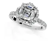Floral Halo Engagement Ring Setting for Asscher Cut Center with Pave Band and Prong Head in Platinum