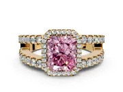 Halo Engagement Ring Setting for Fancy Pink Radiant Cut Center with Wide-Open Pave Split Shank and Prong Head in Yellow Gold