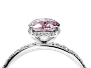 Hidden Halo Engagement Ring Setting for Fancy Pink Oval Center with Pave Band and Prong Head in White Gold