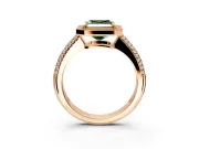 Milgrain Halo Engagement Ring Setting for Fancy Green Asscher Cut Center with Three-Sided Pave Band and Prong Head in Rose Gold