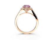 Halo Engagement Ring Setting for Fancy Pink Cushion Cut Center with Narrowing Pave Band and Prong Head in Rose Gold