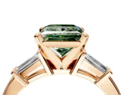3 Stone Engagement Ring Setting for Fancy Green Princess Cut Center with Channel Baguette Accents and Prong Head in Rose Gold