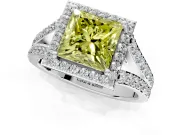 Halo Engagement Ring Setting for Fancy Yellow Princess Cut Center with Narrow Pave Split Shank and Prong Head in White Gold