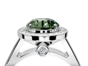 Halo Engagement Ring Setting for Fancy Green Round Cut Center with Outer Bezel Rim, Pave Band and Prong Head in Platinum