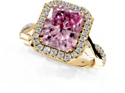Halo Engagement Ring Setting for Fancy Pink Radiant Cut Center with Twist Band and Prong Head in Yellow Gold