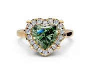 Single Halo Engagement Ring Setting for Fancy Green Heart-Shaped Center with Corner Claws, Plain Band and Prong Head in Yellow Gold