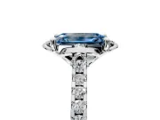 Floral Engagement Ring Setting for Fancy Blue Emerald Cut Center with Pave Band and Floral Prong Head in White Gold