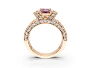 Pave Engagement Ring Setting for Fancy Pink Emerald Cut Center with Curved Accent Rows, Openwork and Prong Head in Rose Gold