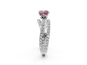 Solitaire Engagement Ring Setting for Fancy Pink Cushion Cut Center with Woven 3-Strand Pave Band and Prong Head in White Gold