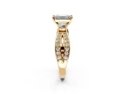 3 Stone Engagement Ring Setting for Emerald Cut Center with Pave Twist Band and Prong Head in Yellow Gold