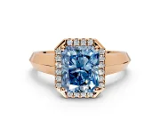 Halo Engagement Ring Setting for Fancy Blue Radiant Cut Center with Knife Ridge Cathedral Band and Prong Head in Rose Gold